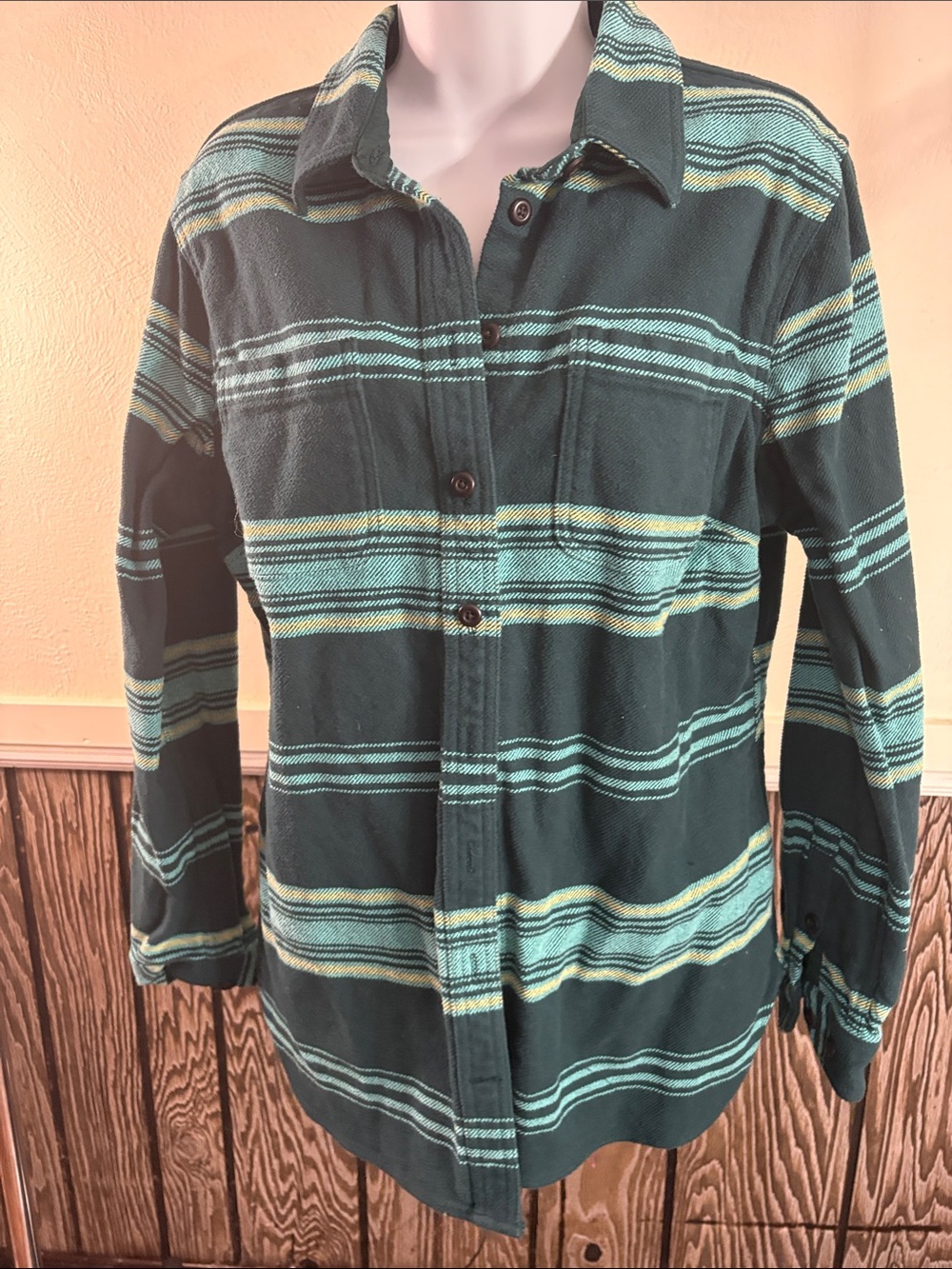 Duluth Trading Co Green Striped Button-Up Sweater